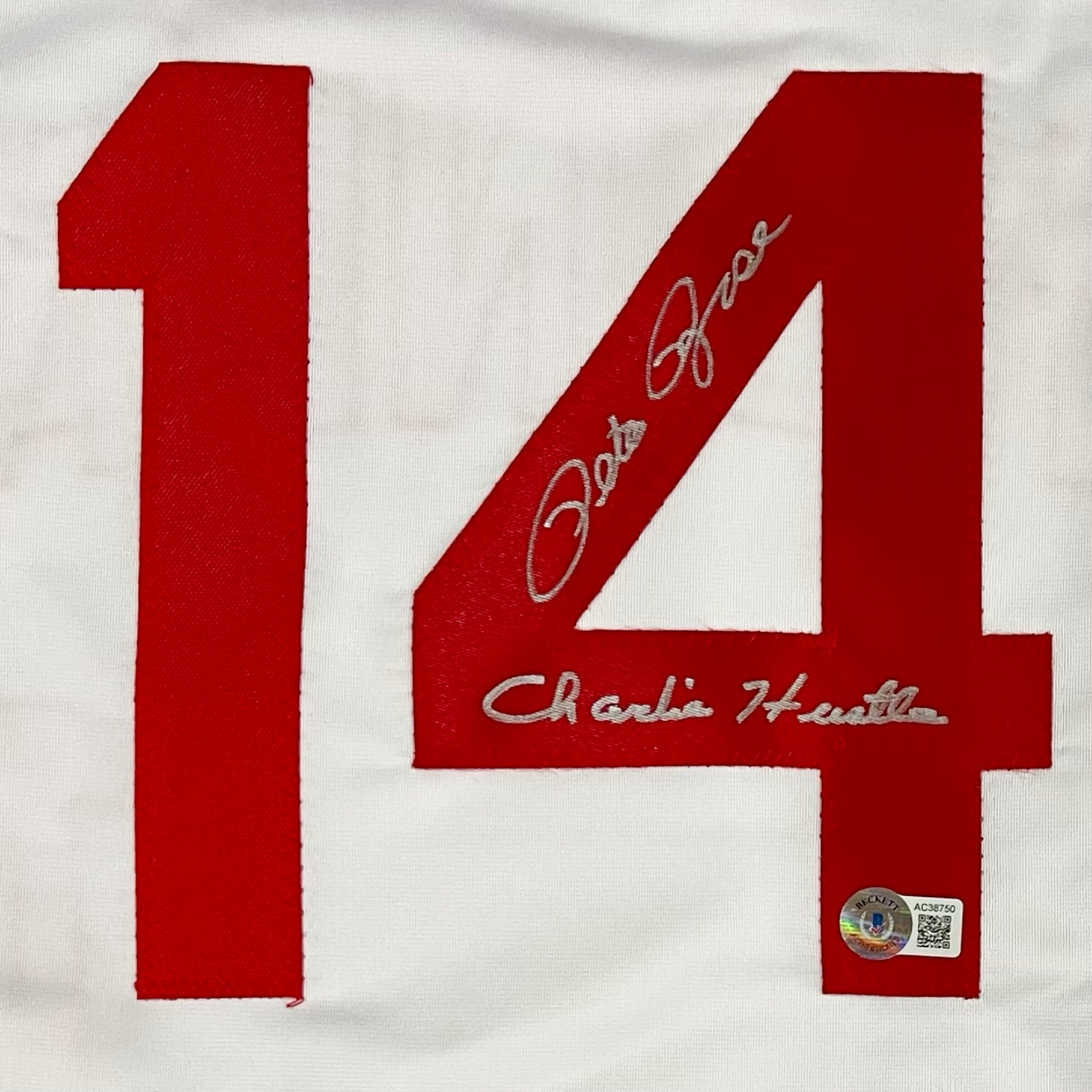 Autographed Pete Rose Cincinnati (White #14) Custom Jersey w/ "Charlie Hustle" - Beckett-Powers Sports Memorabilia
