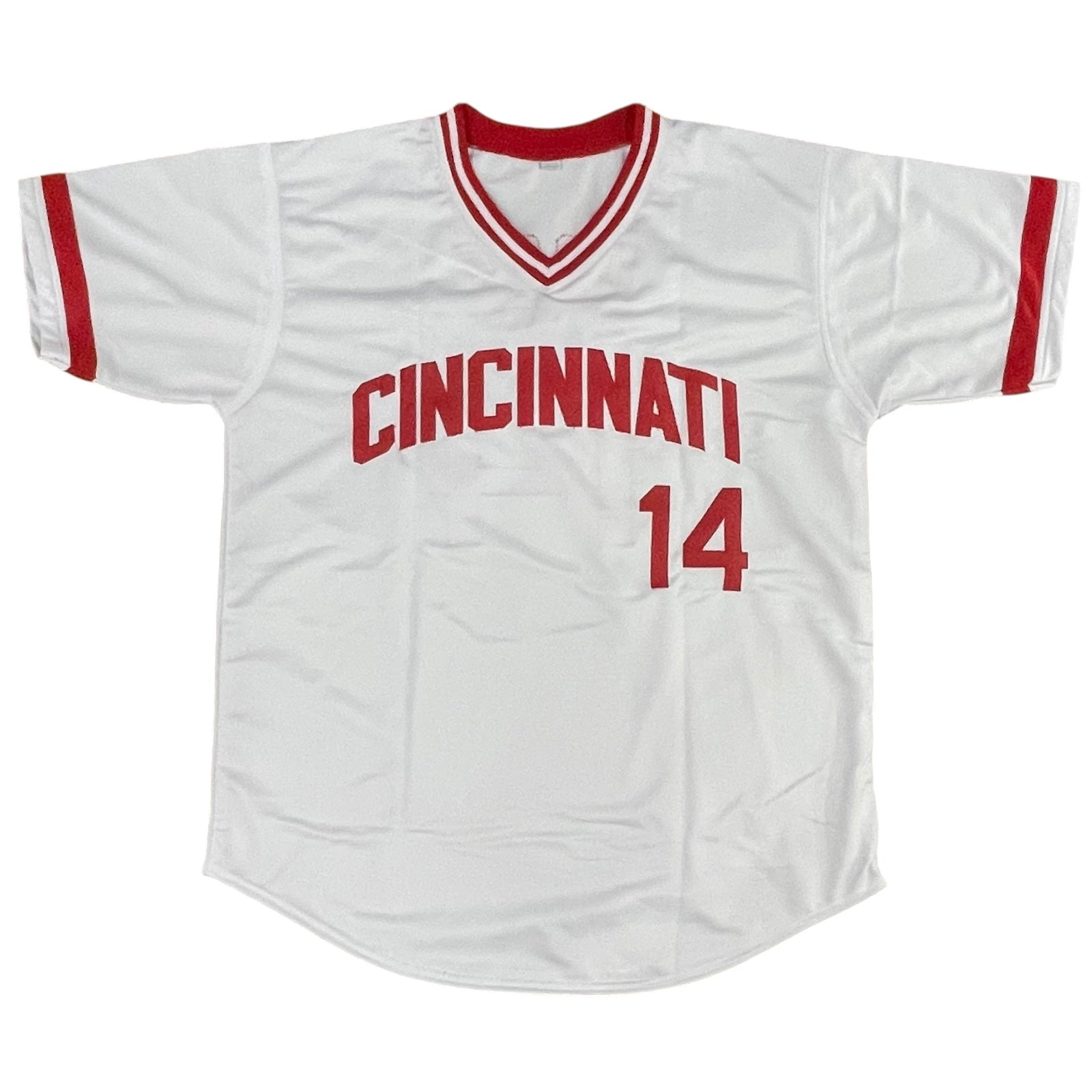 Autographed Pete Rose Cincinnati (White #14) Custom Jersey w/ "Charlie Hustle" - Beckett-Powers Sports Memorabilia