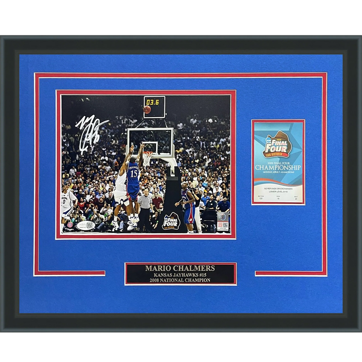 Autographed Mario Chalmers Kansas Jayhawks (2008 Final Four Shot) Deluxe Framed 8x10 Photo with Replica Ticket - JSA-Powers Sports Memorabilia