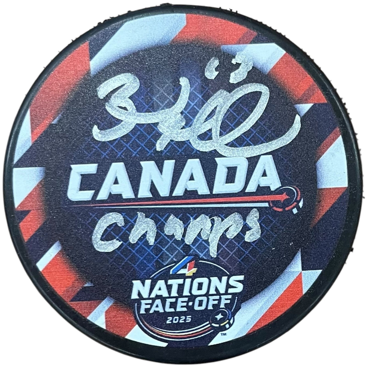 Autographed Brad Marchand Team Canada 4 Nations Hockey Puck w/ "Champs" - JSA-Powers Sports Memorabilia
