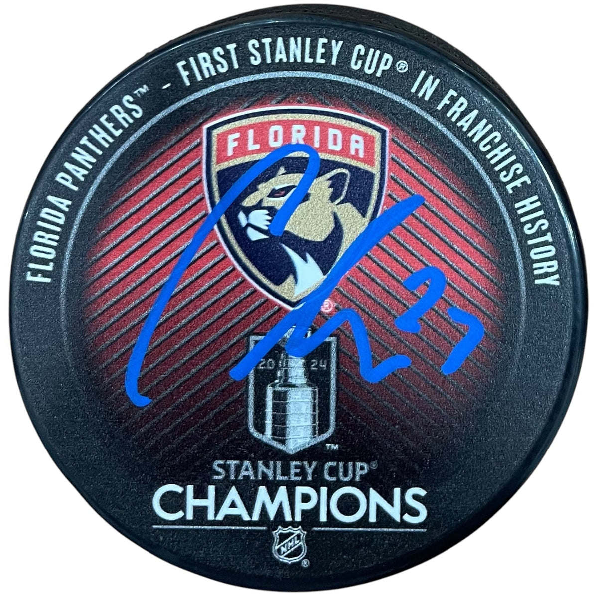 Autographed Carter Verhaeghe Florida Panthers (2024 Stanley Cup Champs Logo) Hockey Puck - JSA-Powers Sports Memorabilia