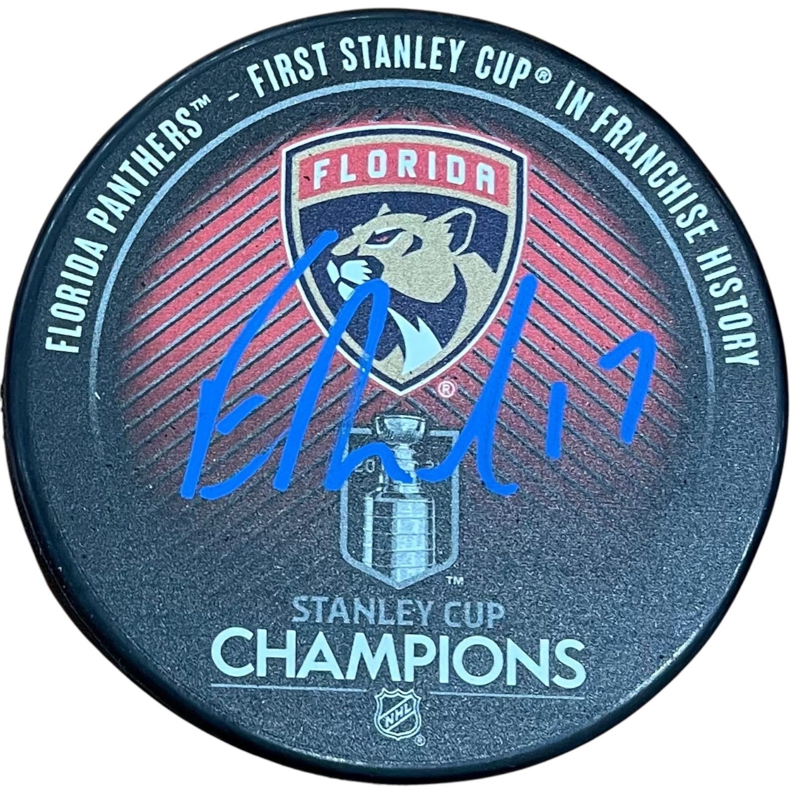 Autographed Evan Rodrigues Florida Panthers (2024 Stanley Cup Champs Logo) Hockey Puck - JSA-Powers Sports Memorabilia