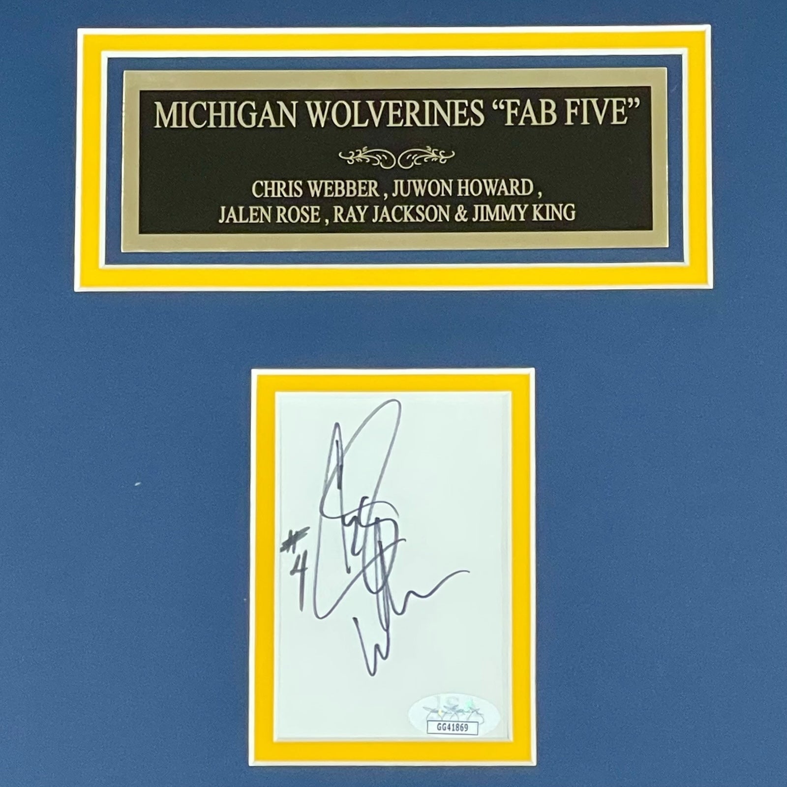 Michigan Wolverines FAB FIVE Basketball Deluxe Framed Poster with Cut Autographs - Webber, Rose, Howard, King, Jackson - JSA