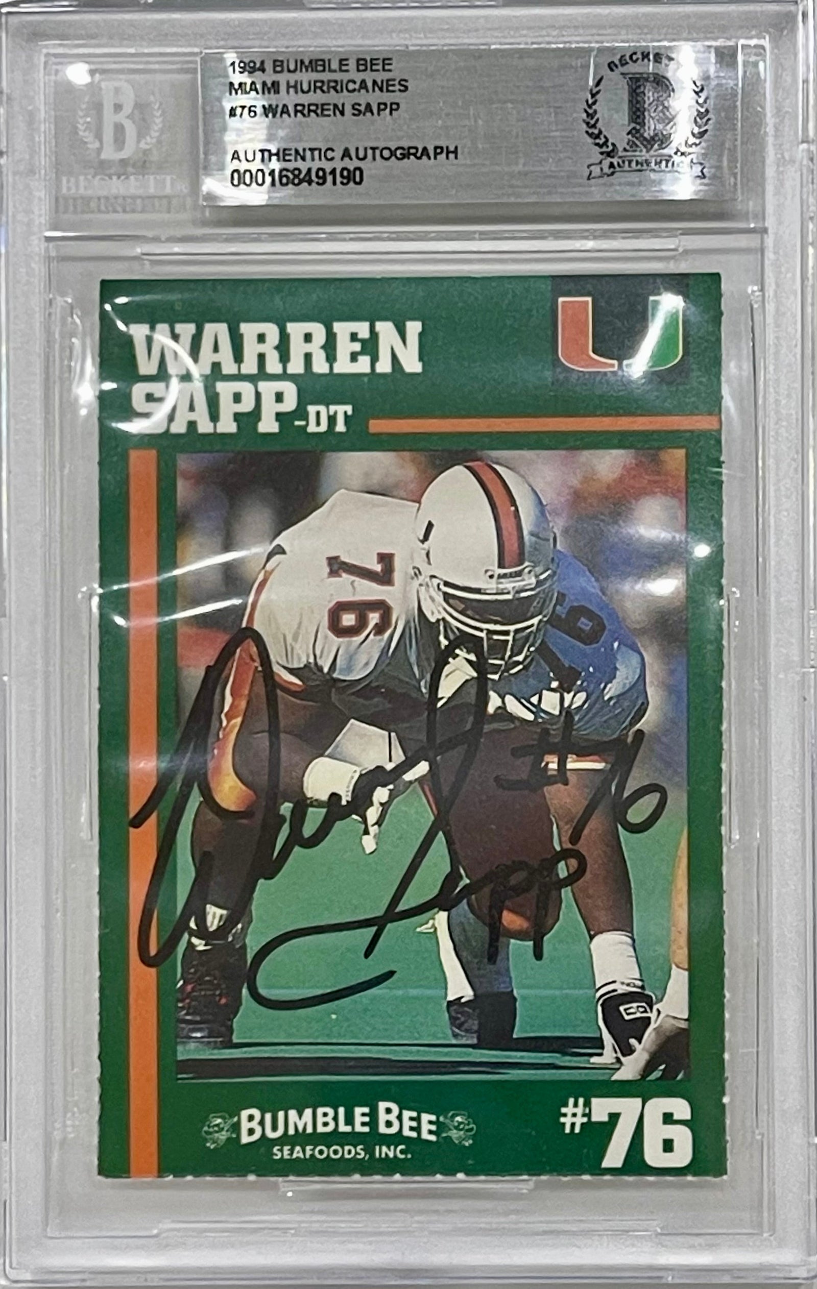 Autographed Warren Sapp 1994 Miami Hurricanes Bumble Bee Card - Beckett Slab-Powers Sports Memorabilia