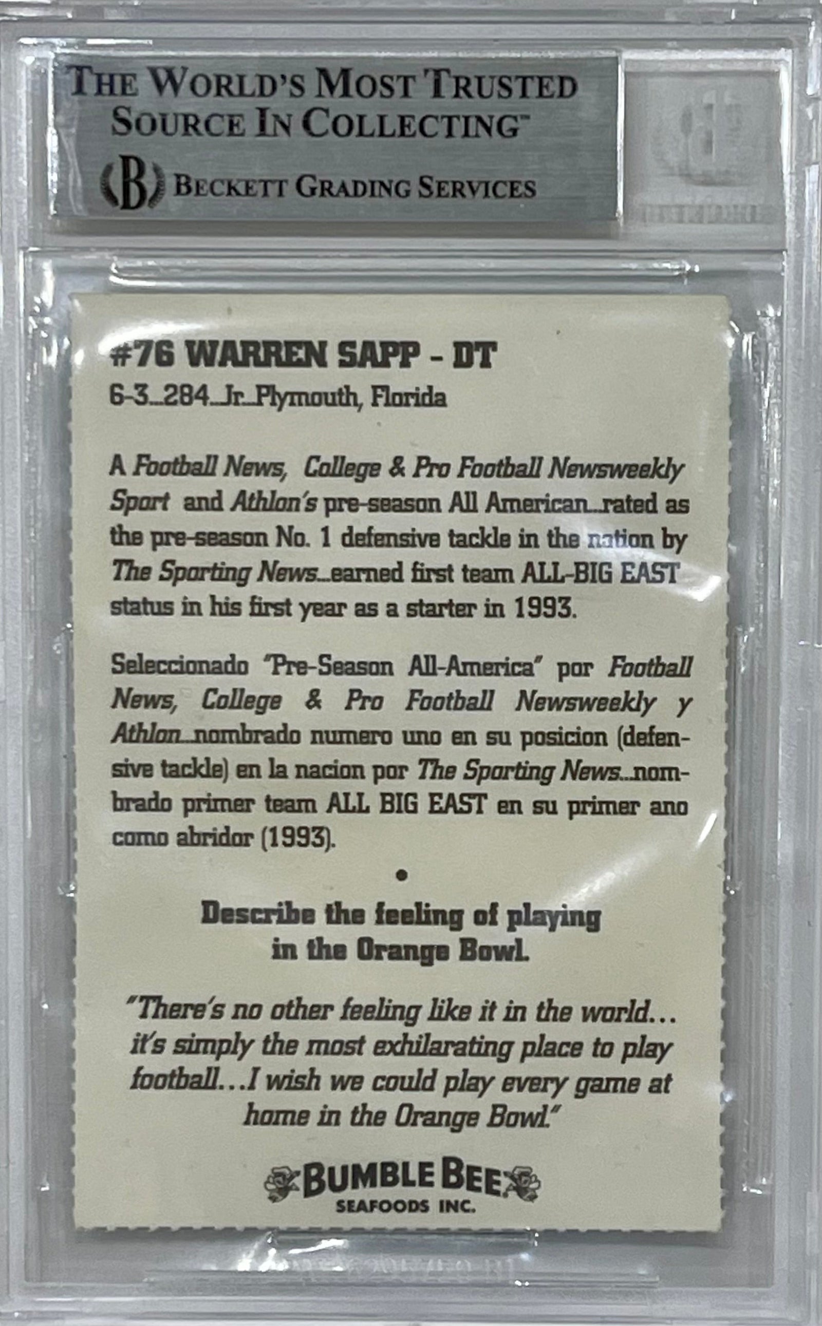 Autographed Warren Sapp 1994 Miami Hurricanes Bumble Bee Card - Beckett Slab-Powers Sports Memorabilia