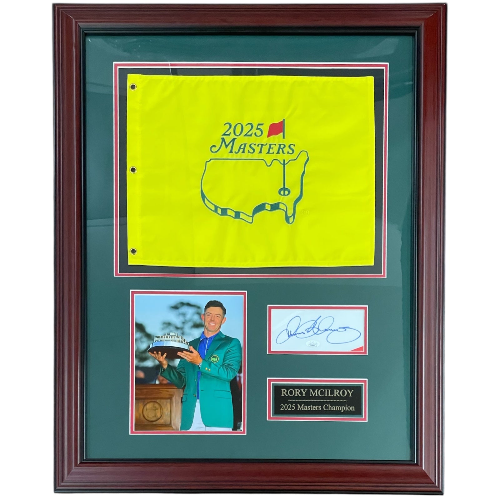 Autographed Rory McIlroy 2025 Masters Champion Deluxe Framed Pin Flag Piece - JSA-Powers Sports Memorabilia