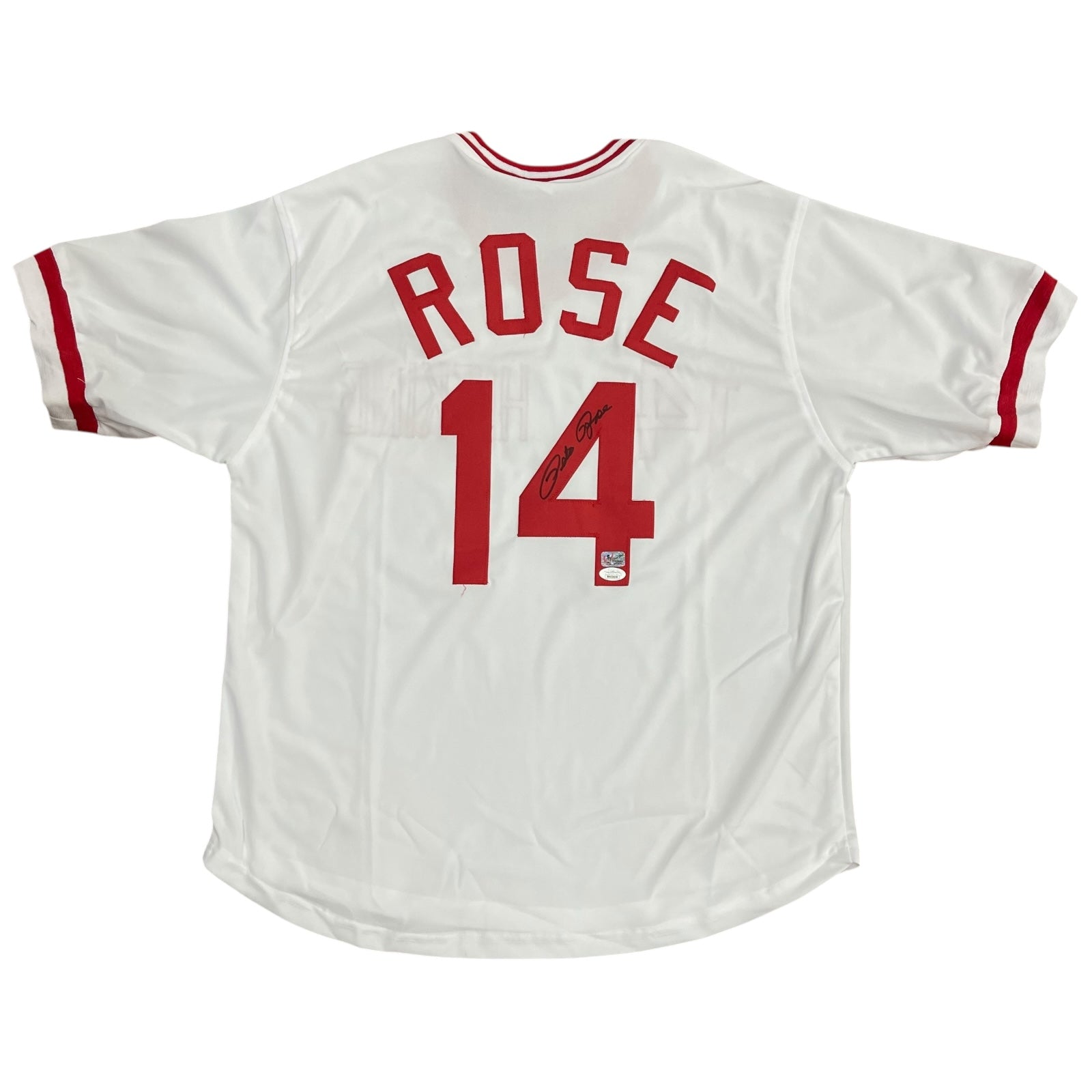 Autographed Pete Rose Cincinnati "Hit King" (White #14) Custom Jersey - Black Signature - JSA-Powers Sports Memorabilia