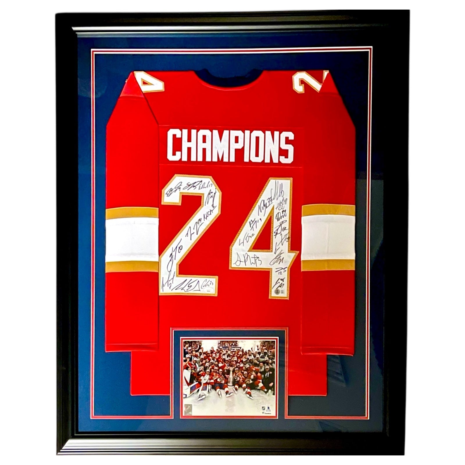 Autographed Florida Panthers 2024 Stanley Cup Champions Team (Red #24) Deluxe Framed Jersey - 23 Signatures - JSA, Beckett-Powers Sports Memorabilia