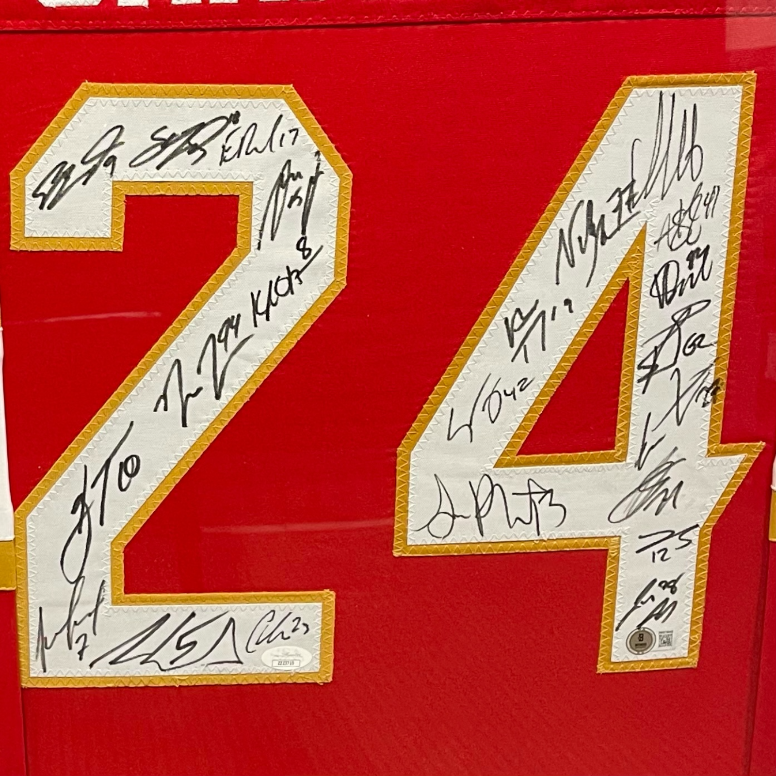 Autographed Florida Panthers 2024 Stanley Cup Champions Team (Red #24) Deluxe Framed Jersey - 23 Signatures - JSA, Beckett-Powers Sports Memorabilia