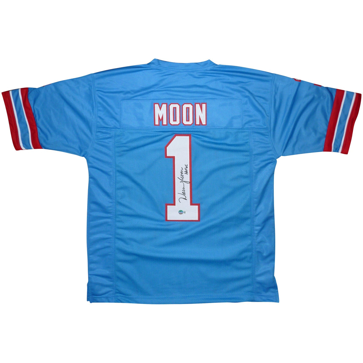 Autographed Warren Moon Houston Oilers (Baby Blue #1) Custom Jersey - Beckett-Powers Sports Memorabilia
