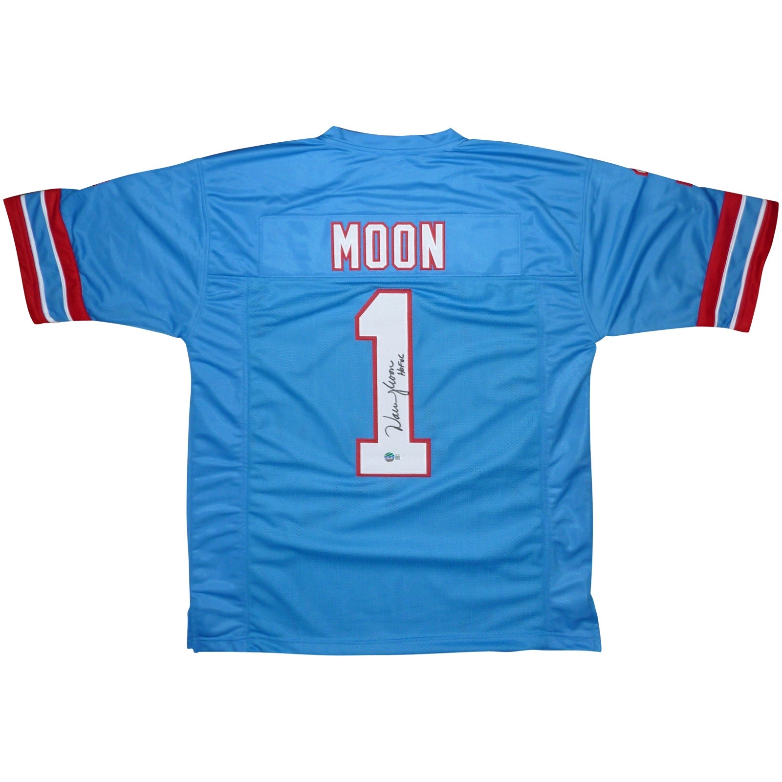 Autographed Warren Moon Houston Oilers (Baby Blue #1) Custom Jersey - Beckett-Powers Sports Memorabilia