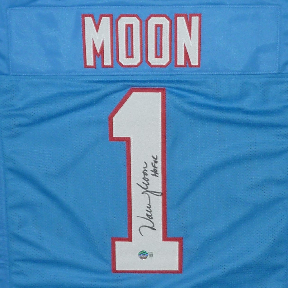 Autographed Warren Moon Houston Oilers (Baby Blue #1) Custom Jersey - Beckett-Powers Sports Memorabilia