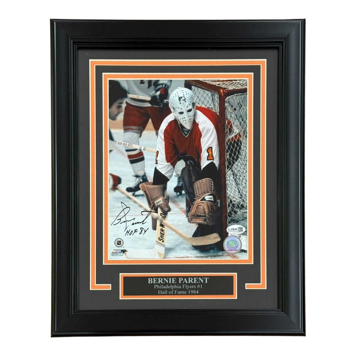 Autographed Bernie Parent Philadelphia Flyers Deluxe Framed 8x10 Photo - JSA-Powers Sports Memorabilia