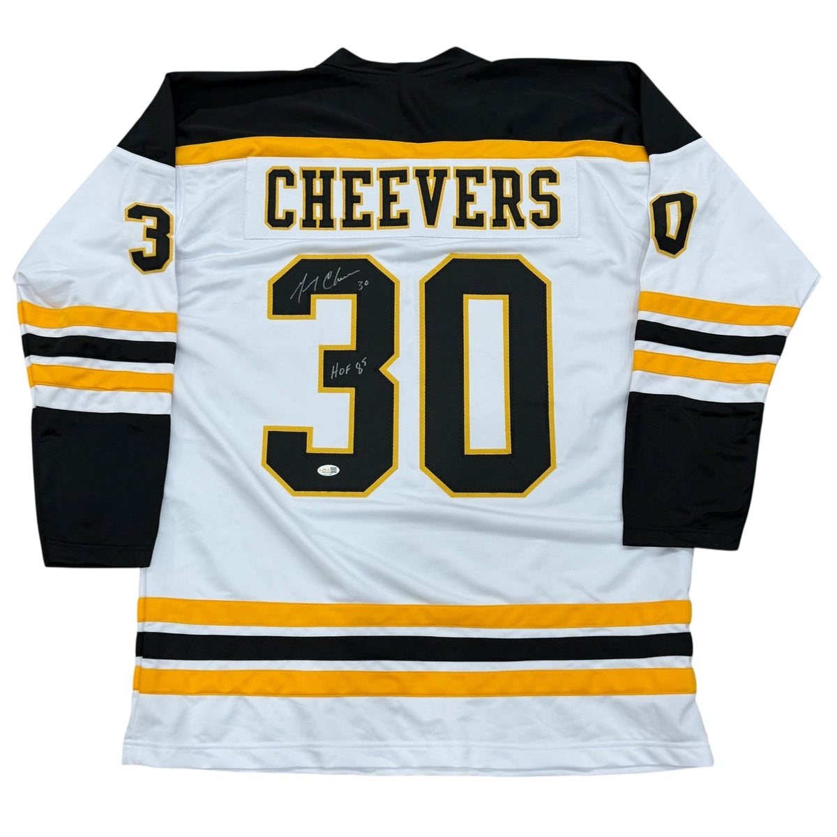 Autographed Gerry Cheevers Boston Bruins (White #30) Custom Jersey w/ "HOF 85" - JSA