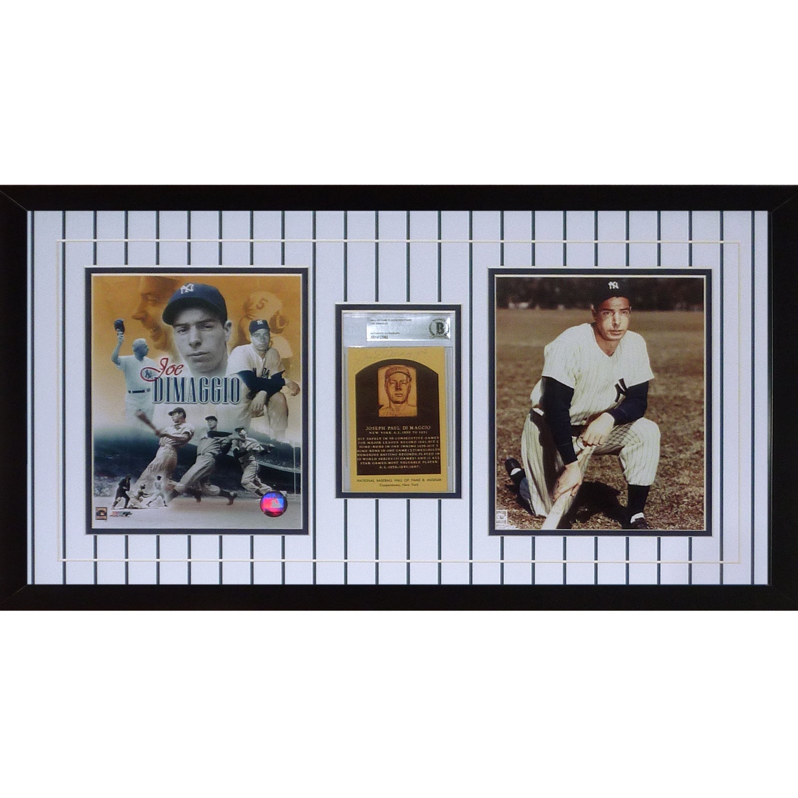 Autographed Joe Dimaggio New York Yankees HOF Postcard Deluxe Framed Piece with 8x10 Photos - Beckett-Powers Sports Memorabilia