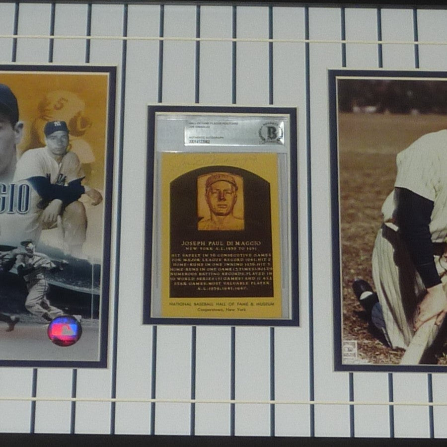Autographed Joe Dimaggio New York Yankees HOF Postcard Deluxe Framed Piece with 8x10 Photos - Beckett-Powers Sports Memorabilia