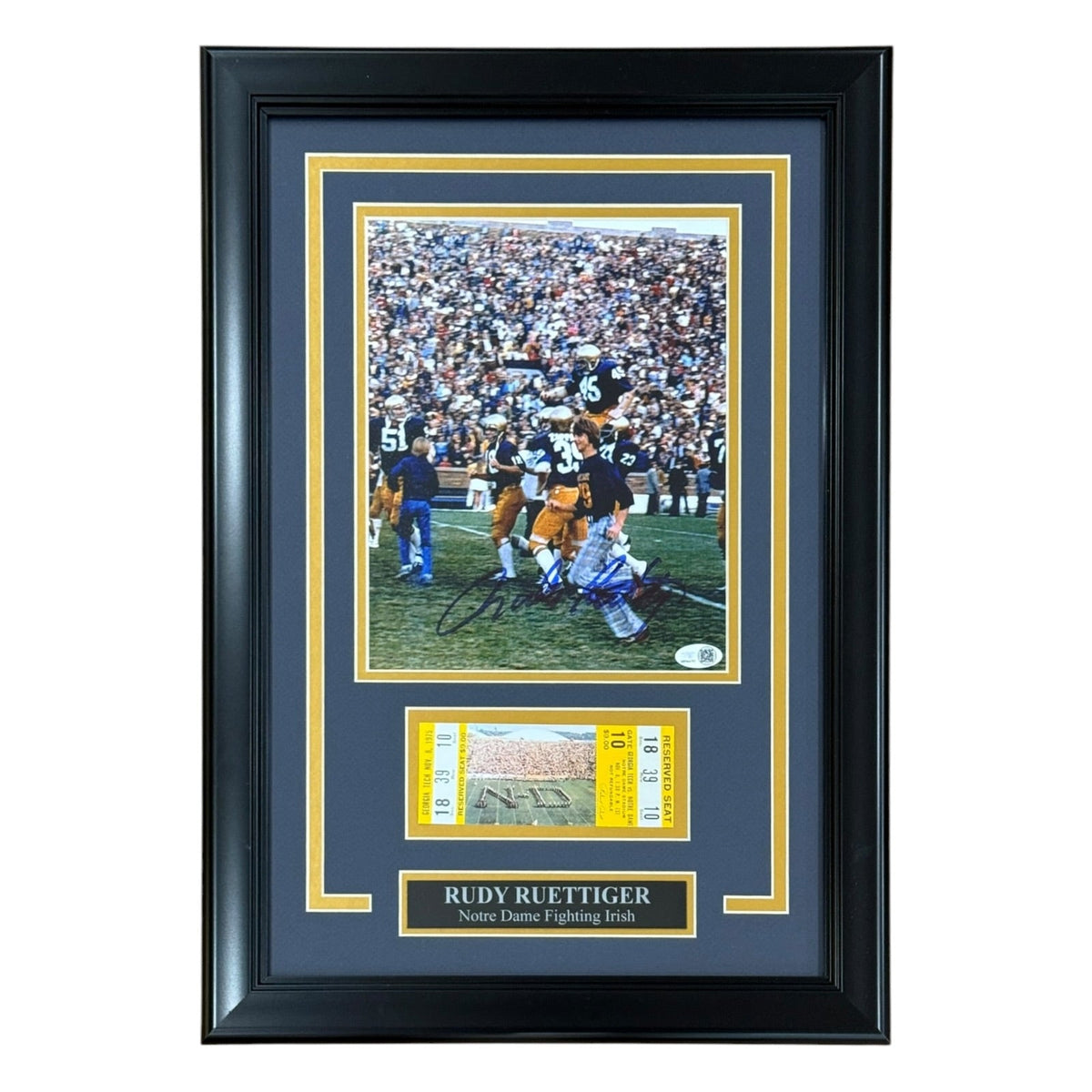 Autographed Rudy Ruettiger Notre Dame Deluxe Framed 8x10 Photo with Replica Game Ticket - JSA-Powers Sports Memorabilia