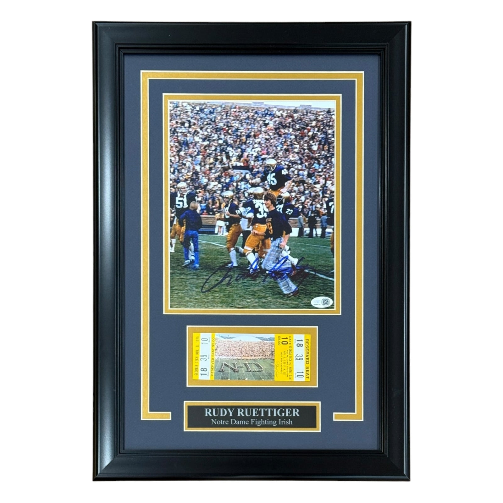 Autographed Rudy Ruettiger Notre Dame Deluxe Framed 8x10 Photo with Replica Game Ticket - JSA-Powers Sports Memorabilia