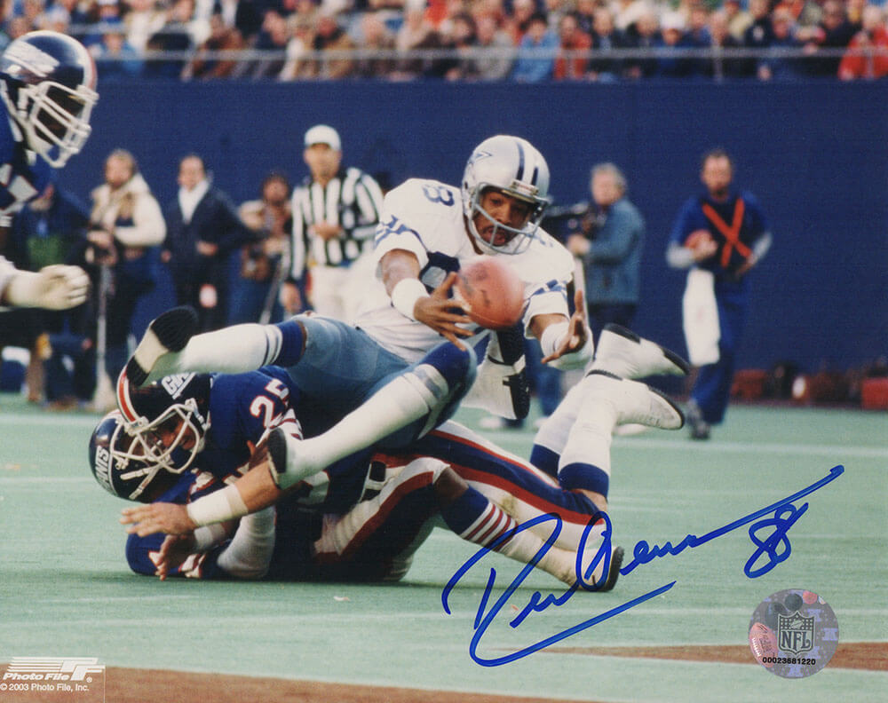 Drew Pearson Autographed Dallas Cowboys Catching Football vs Giants 8x10 Photo-Powers Sports Memorabilia