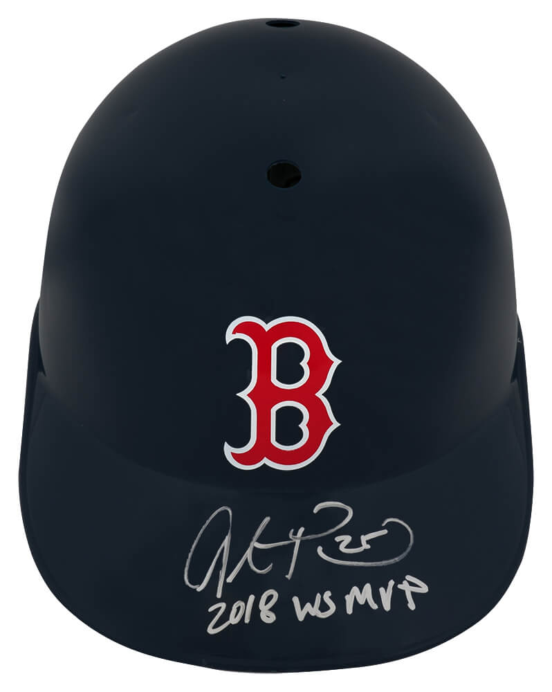 Steve Pearce Autographed Boston Red Sox Souvenir Replica Baseball Batting Helmet with 2018 WS MVP-Powers Sports Memorabilia