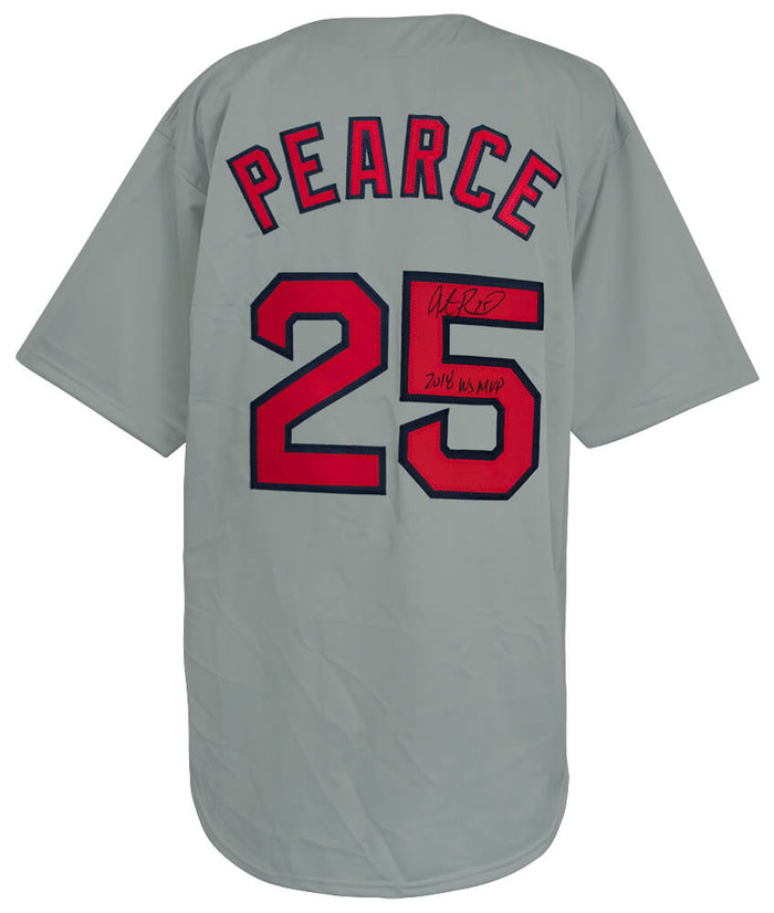 Steve Pearce Autographed Grey Custom Baseball Jersey with 2018 WS MVP-Powers Sports Memorabilia