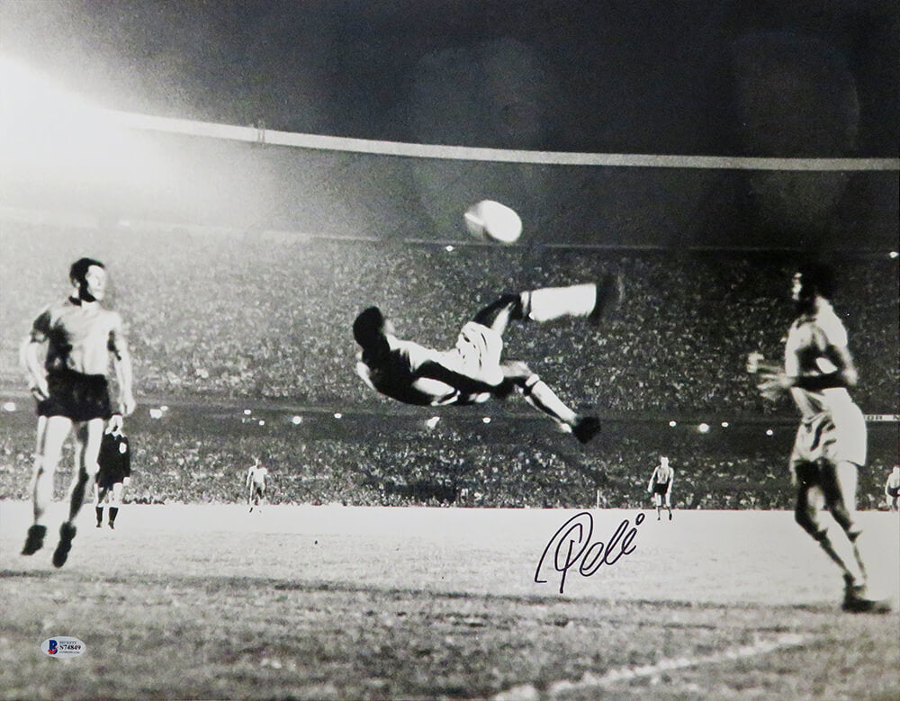 Pele Autographed Brazil Soccer Black and White Action Kick 16x20 Photo-Powers Sports Memorabilia