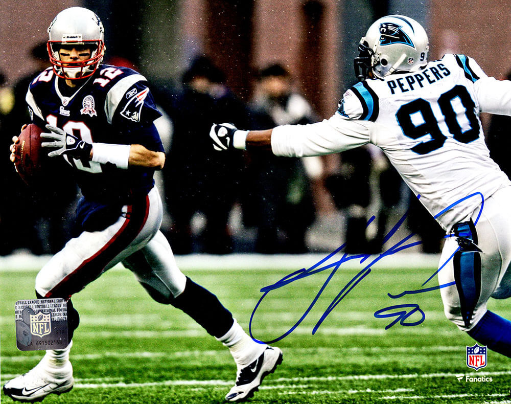 Julius Peppers Autographed Carolina Panthers Chasing Tom Brady 8x10 Photo-Powers Sports Memorabilia