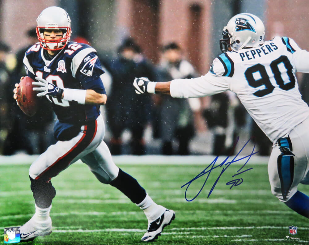 Julius Peppers Autographed Carolina Panthers Chasing Tom Brady 16x20 Photo-Powers Sports Memorabilia