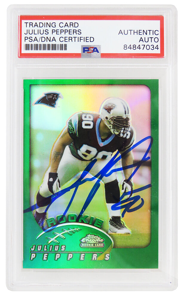 Julius Peppers Autographed Carolina Panthers 2002 Topps Chrome Green Refractor Football Rookie Card #214-Powers Sports Memorabilia