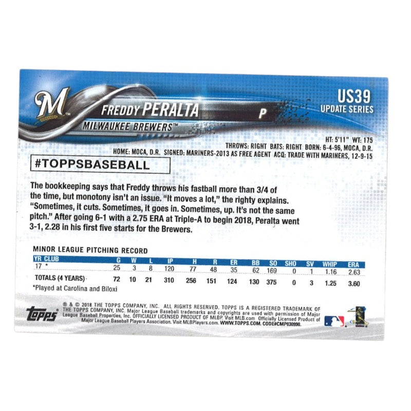 Freddy Peralta Milwaukee Brewers Signed 2018 Topps Update RC #US39 Card-Powers Sports Memorabilia