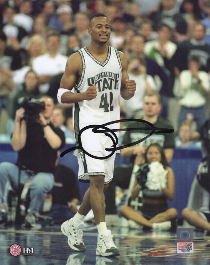 Morris Peterson Autographed Michigan State Spartans White Jersey Fist Pump 8x10 Photo-Powers Sports Memorabilia