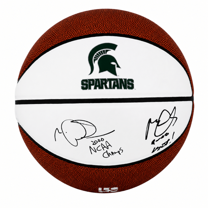 Mateen Cleaves & Morris Peterson Dual Autographed Michigan State Logo Brands White Logo Basketball with 2000 Champs. Final 4 MOP-Powers Sports Memorabilia