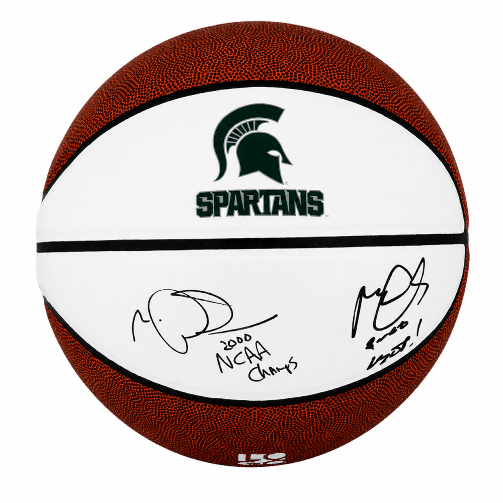 Mateen Cleaves & Morris Peterson Dual Autographed Michigan State Logo Brands White Logo Basketball with 2000 Champs. Final 4 MOP-Powers Sports Memorabilia