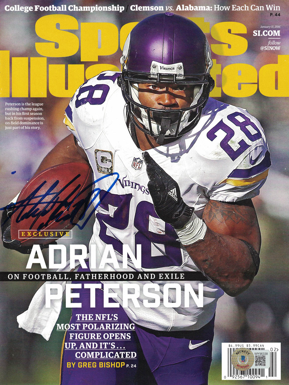 Adrian Peterson 1/11/2016 Signed Sports Illustrated Magazine No Label BAS-Powers Sports Memorabilia