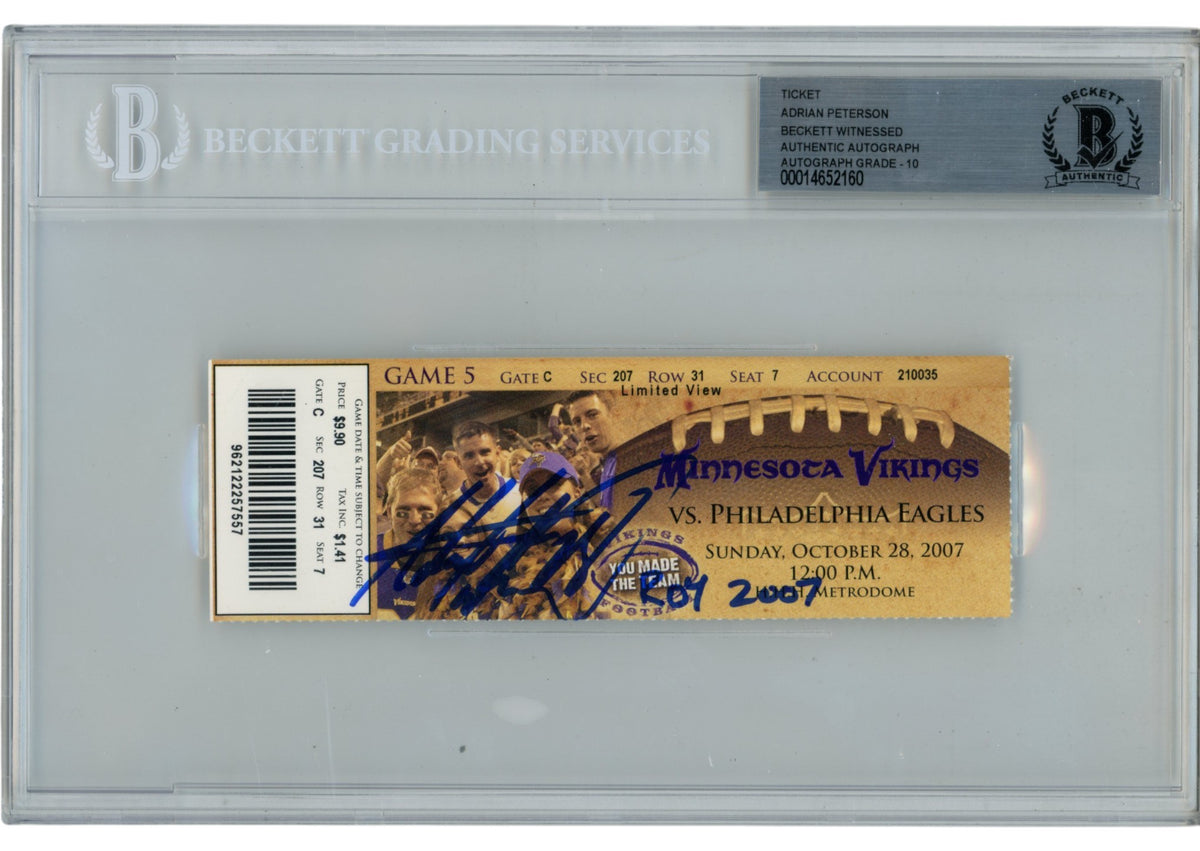Adrian Peterson Minnesota Vikings Signed Card - 07ROY Slabbed Ticket Beckett Beckett-Powers Sports Memorabilia