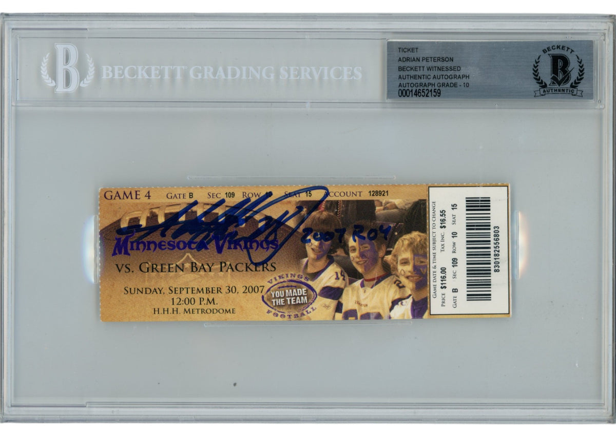 Adrian Peterson Minnesota Vikings Signed Card - 07ROY Slabbed Ticket Beckett Beckett - 36363-Powers Sports Memorabilia