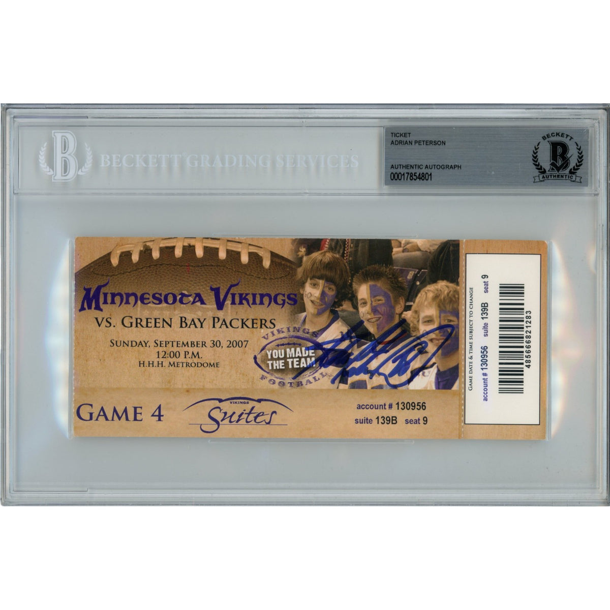 Adrian Peterson Minnesota Vikings Signed Card - Ticket Stub 09/30/07 Suite Slabbed Beckett Beckett-Powers Sports Memorabilia
