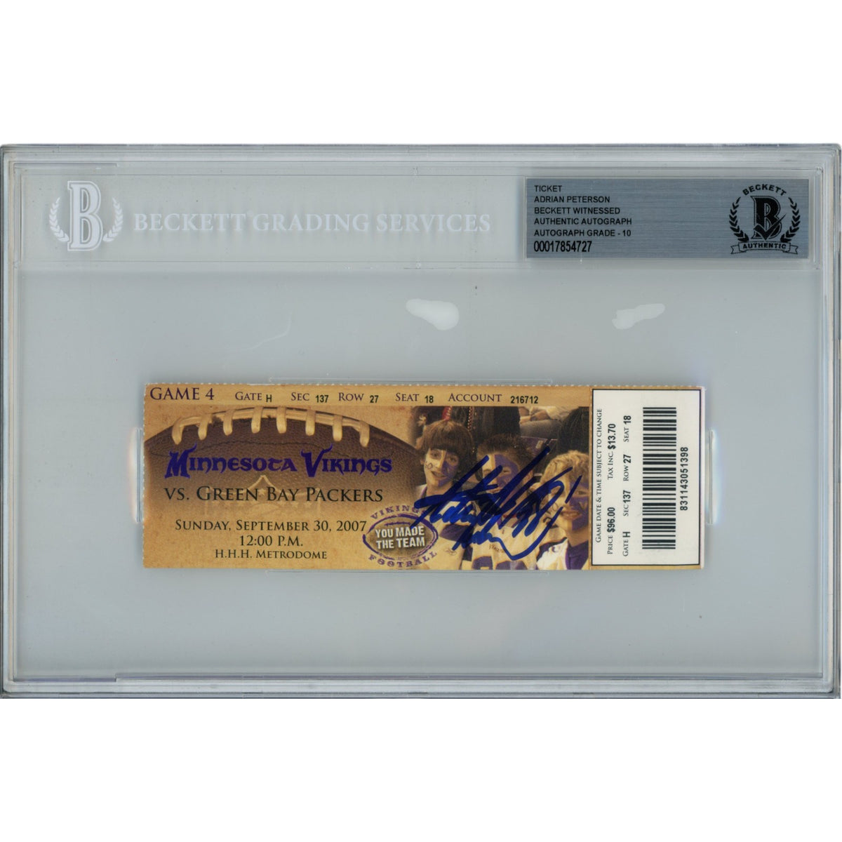 Adrian Peterson Signed Ticket Stub 09/30/07 Slabbed-Powers Sports Memorabilia