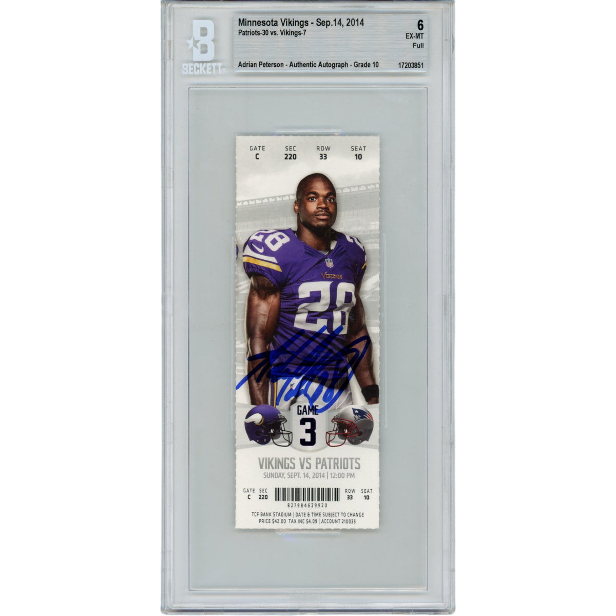 Adrian Peterson Minnesota Vikings Signed Card - 09/14/14 Ticket Stub Beckett Beckett-Powers Sports Memorabilia