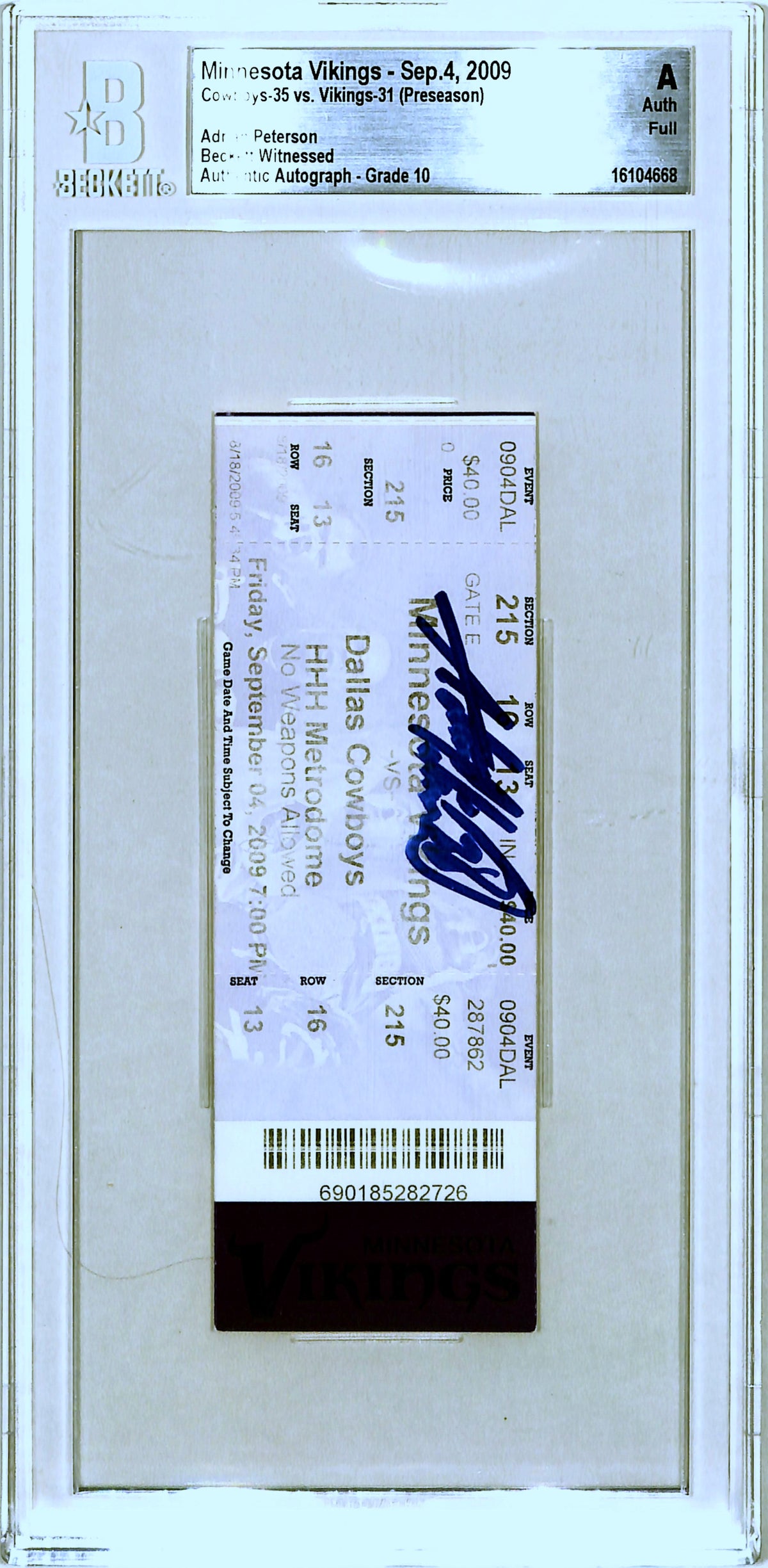 Adrian Peterson Minnesota Vikings Signed Card - Ticket Stub 09/04/09 Becket Slab Beckett-Powers Sports Memorabilia
