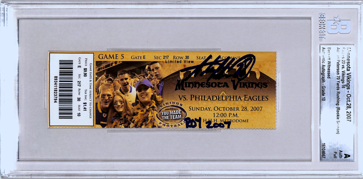 Adrian Peterson Minnesota Vikings Signed Card - Ticket 10/28/07 ROY Becket Slab Beckett-Powers Sports Memorabilia