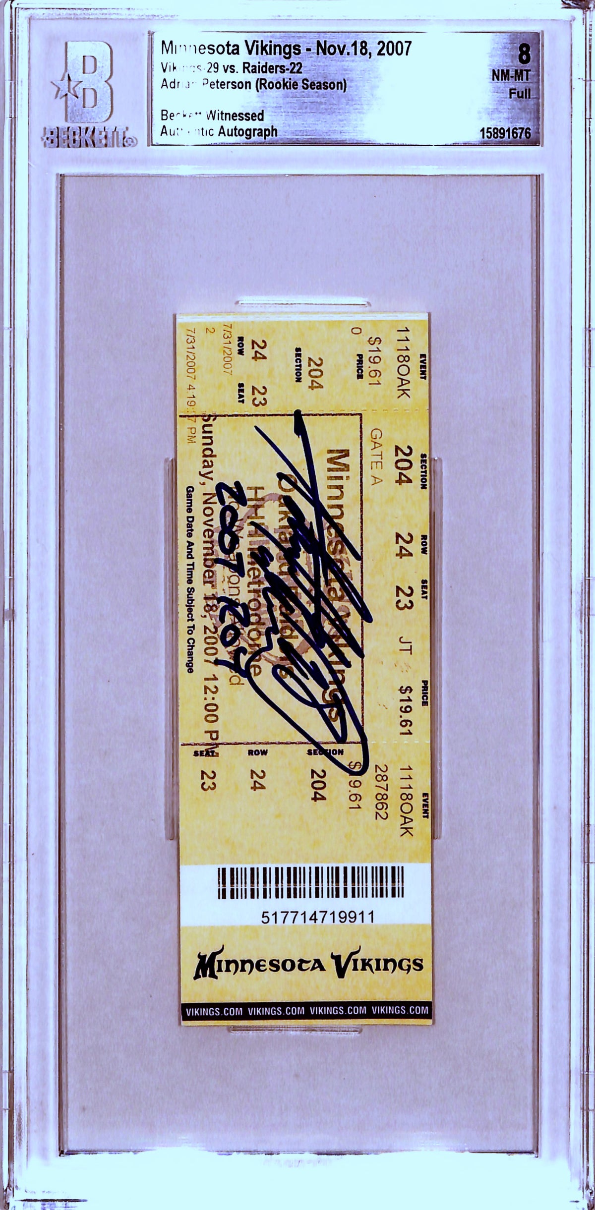Adrian Peterson Minnesota Vikings Signed Card - 11/18/07 '07 ROY Slab Ticket Beckett-Powers Sports Memorabilia