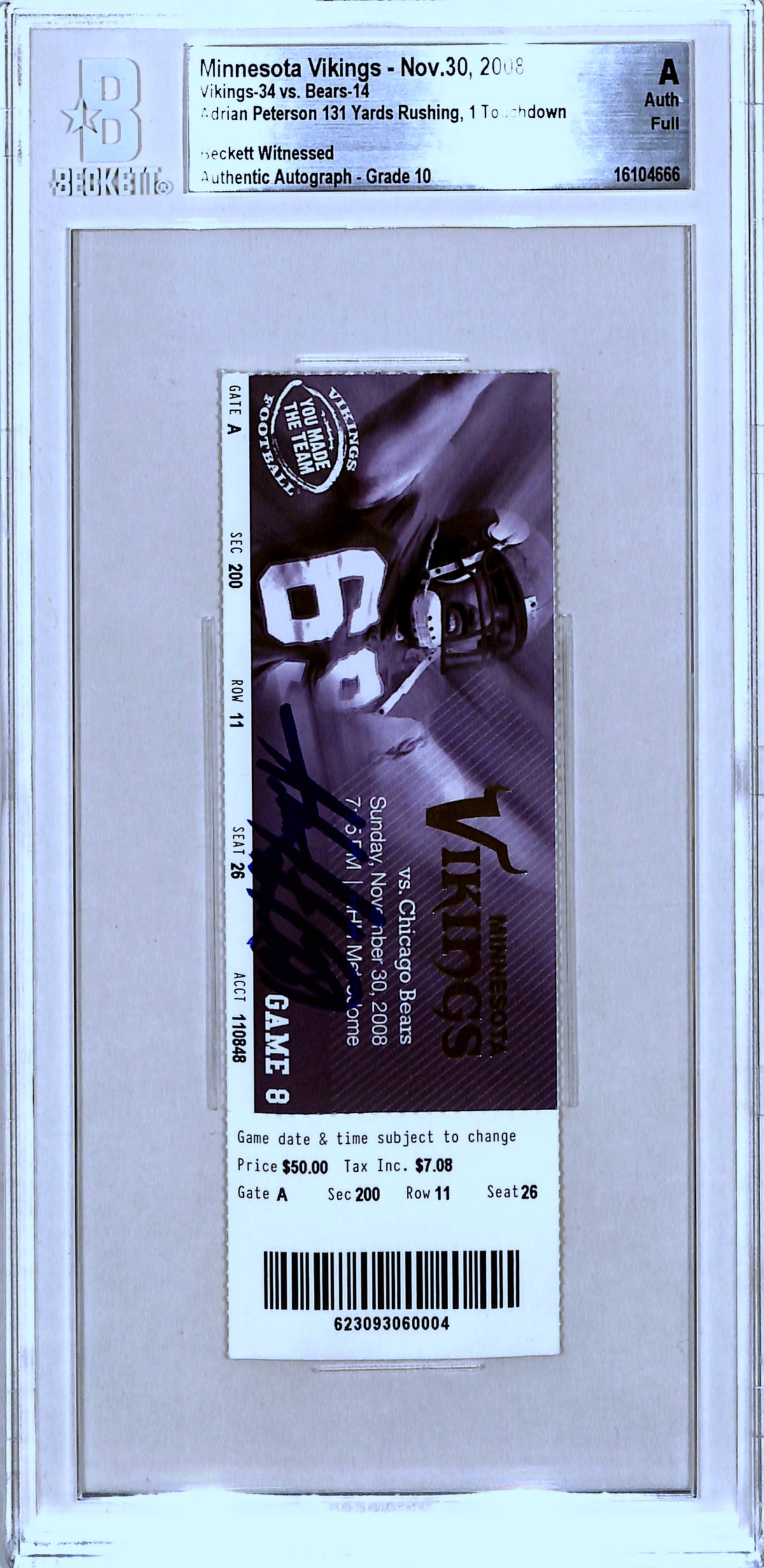 Adrian Peterson Minnesota Vikings Signed Card - Ticket Stub 11/30/08 Becket Slab Beckett-Powers Sports Memorabilia