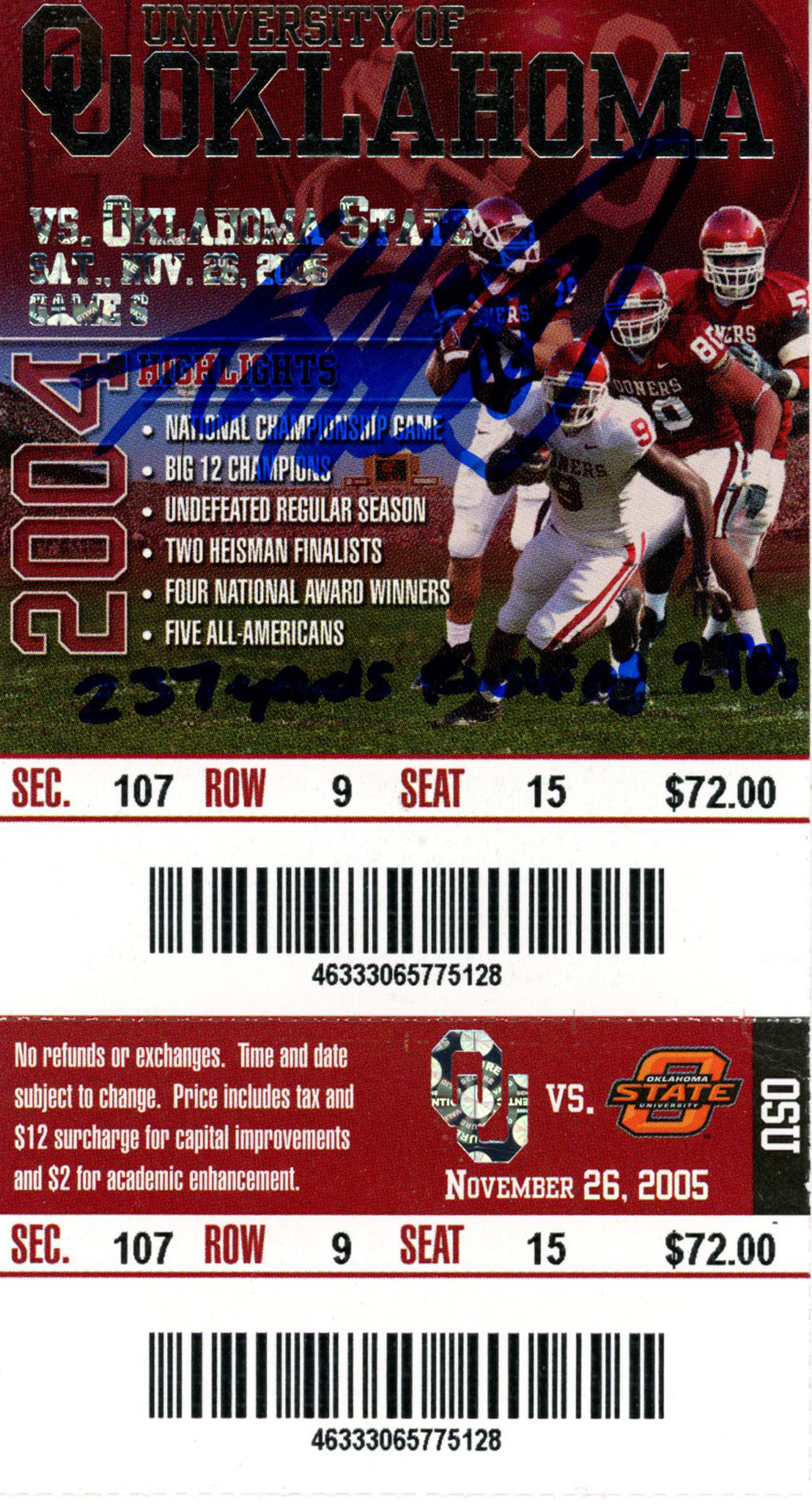 Adrian Peterson Oklahoma Sooners Signed Card - 11/26/05 Ticket Stub Beckett Beckett-Powers Sports Memorabilia