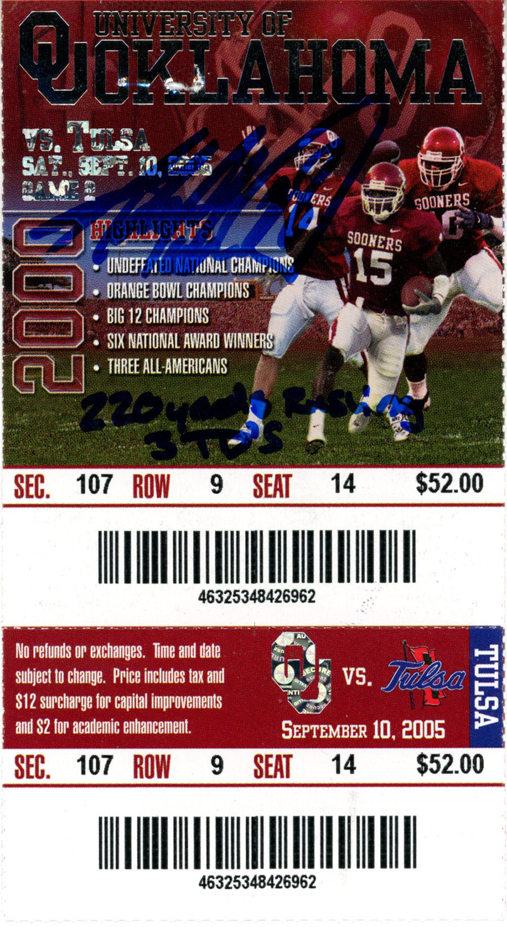Adrian Peterson Oklahoma Sooners Signed Card - 9/10/05 Ticket Stub Beckett Beckett-Powers Sports Memorabilia