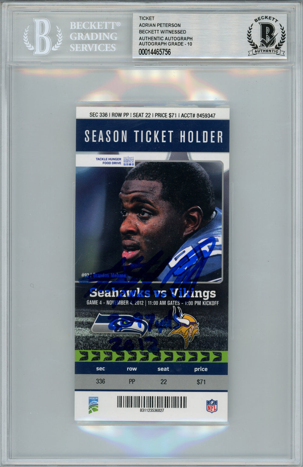 Adrian Peterson Minnesota Vikings Signed Card - 11/4/2012 Ticket Stub 2097 Yds Beckett Slab Beckett-Powers Sports Memorabilia