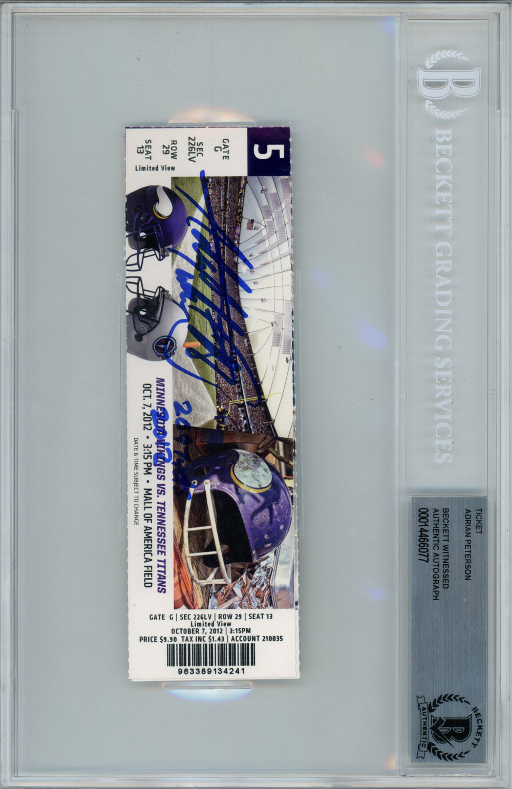Adrian Peterson Minnesota Vikings Signed Card - 10/7/2012 Ticket Stub 2097 Yds Beckett Slab Beckett-Powers Sports Memorabilia