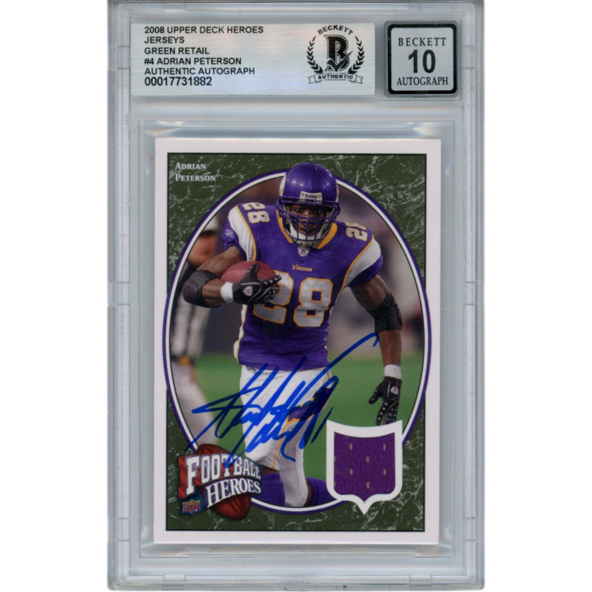 Adrian Peterson Minnesota Vikings Signed Card - 08 UD Heroes Patch #4 Beckett Beckett-Powers Sports Memorabilia