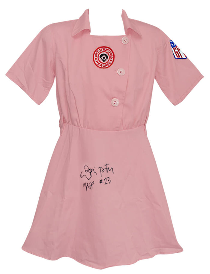 Lori Petty Autographed Rockford Peaches Pink Costume Women's Baseball Jersey with Kit-Powers Sports Memorabilia