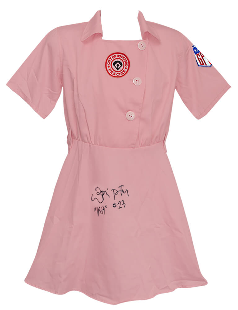 Lori Petty Autographed Rockford Peaches Pink Costume Women's Baseball Jersey with Kit-Powers Sports Memorabilia